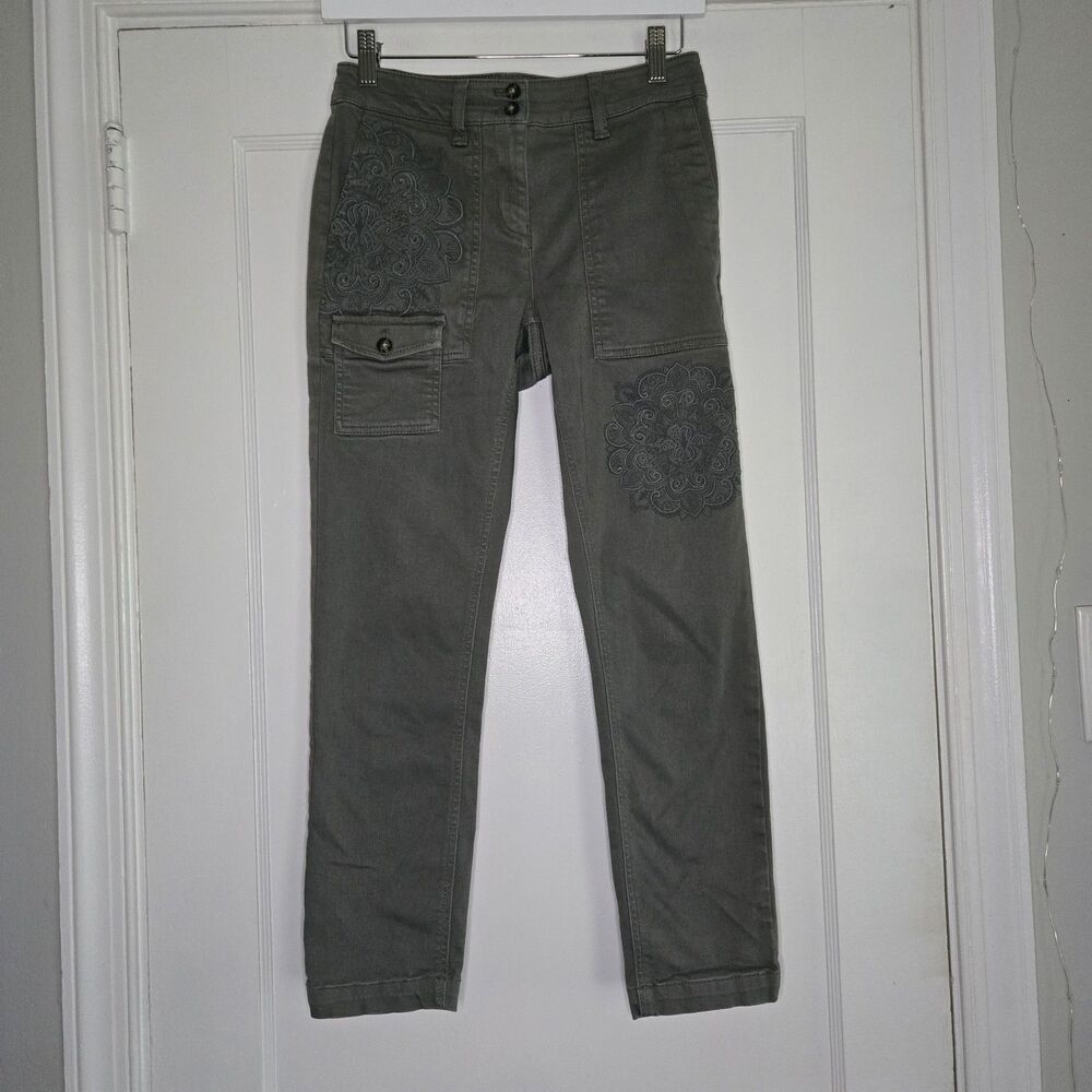 J Jill Pants Womens 2 Petite Olive Green Straight Floral Embroidered Casual Boho